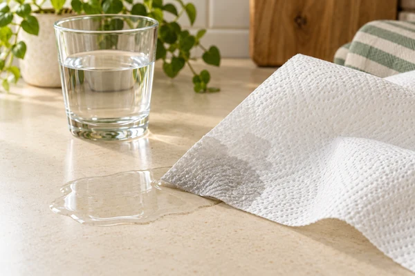 Küchenpapier nimmt eine kleine Wasserpfütze auf