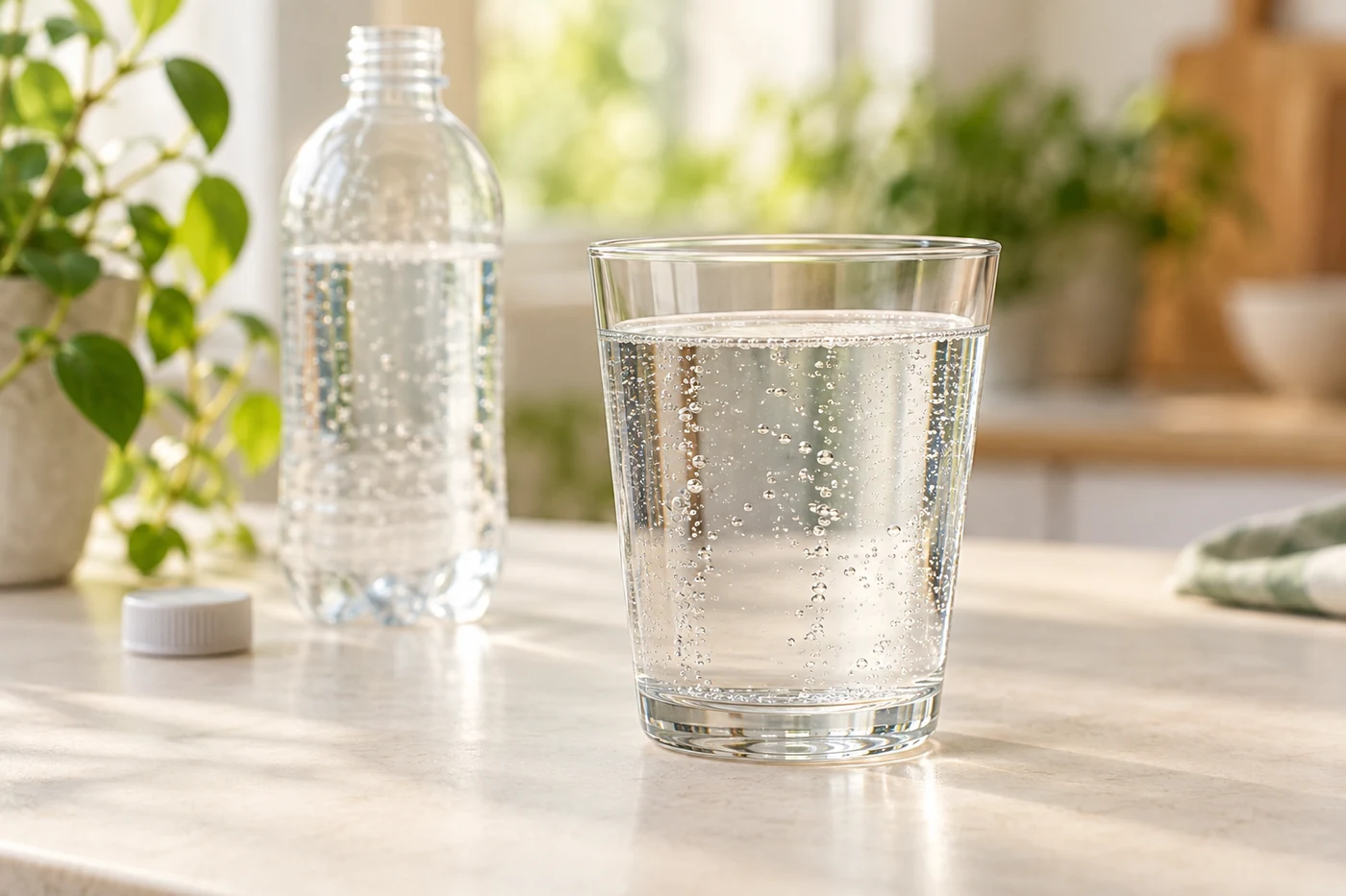Kleine Bläschen steigen in einem Glas mit klarem Sprudelwasser auf