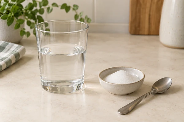 A glass of water, sugar and a teaspoon