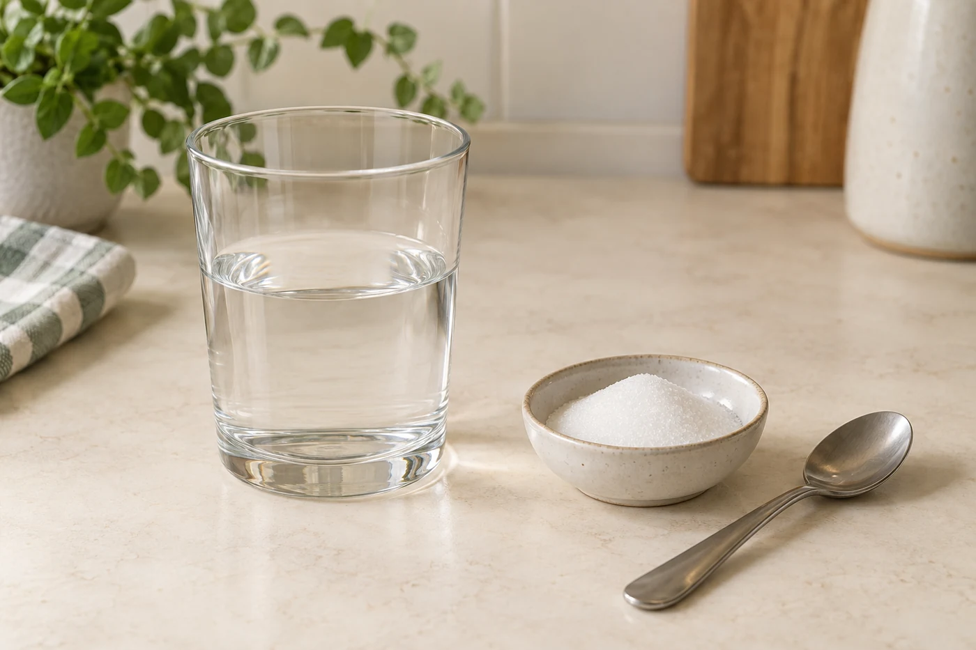 A glass of water, sugar and a teaspoon