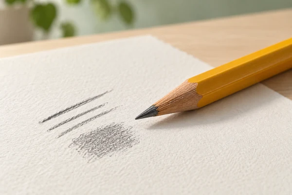 A wooden graphite pencil point rests beside gray strokes on pale paper