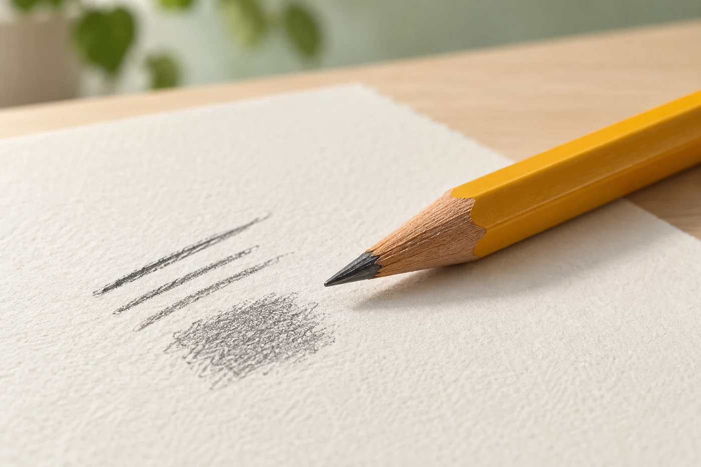 Eine hölzerne Bleistiftspitze liegt neben grauen Strichen auf hellem Papier