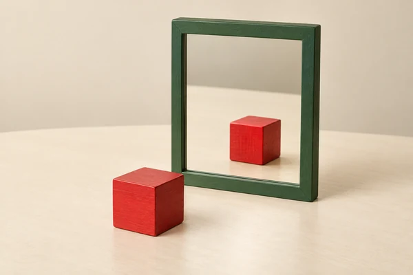 A red wooden cube in front of a green-framed flat mirror, with its reflection