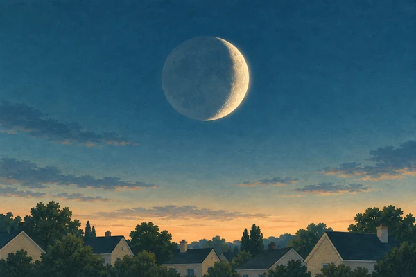 A bright crescent Moon above simple houses in a blue-green evening landscape