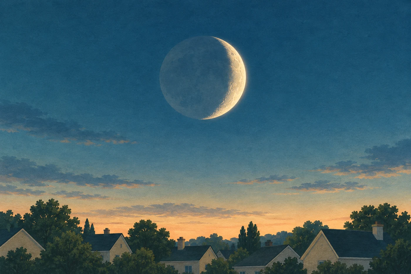 A bright crescent Moon above simple houses in a blue-green evening landscape