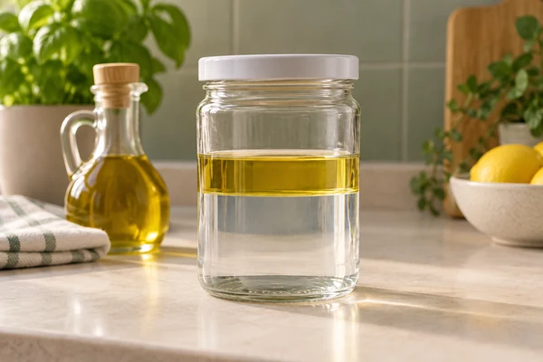 Eine goldene Ölschicht über klarem Wasser in einem Gefäß