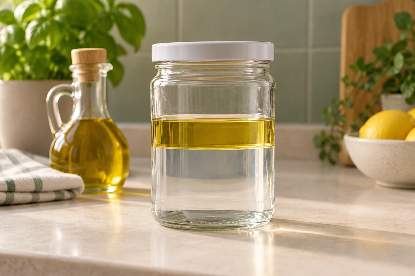 Eine goldene Ölschicht über klarem Wasser in einem Gefäß