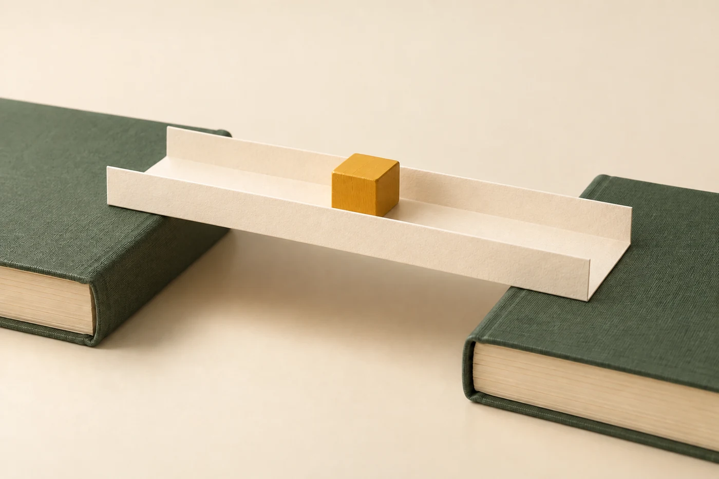 Erzeugte Illustration einer Papierbrücke mit zwei hochgefalteten Seitenrändern und einem gelben Holzklötzchen zwischen grünen Büchern