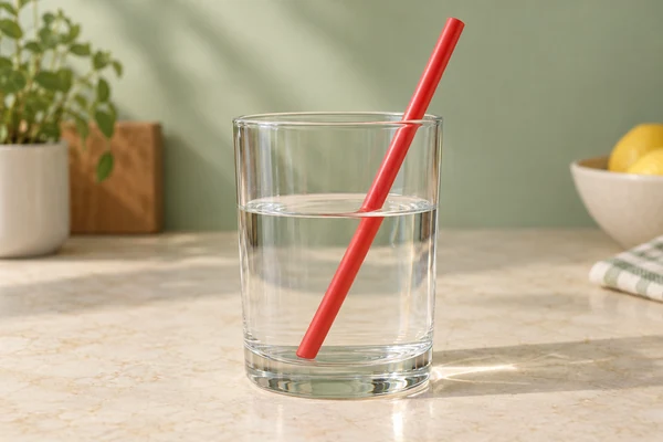 Ein gerader roter Strohhalm in einem Wasserglas