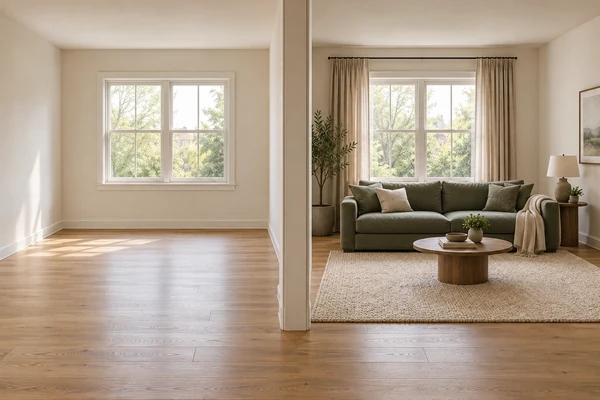 An empty room and a furnished room side by side