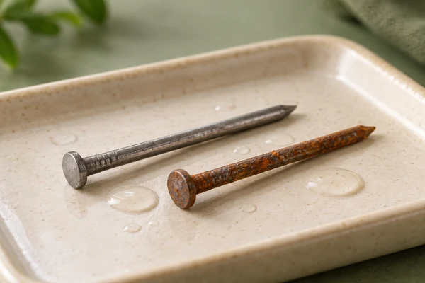 Two steel nails on a pale tray, one gray and one with orange-brown rust patches