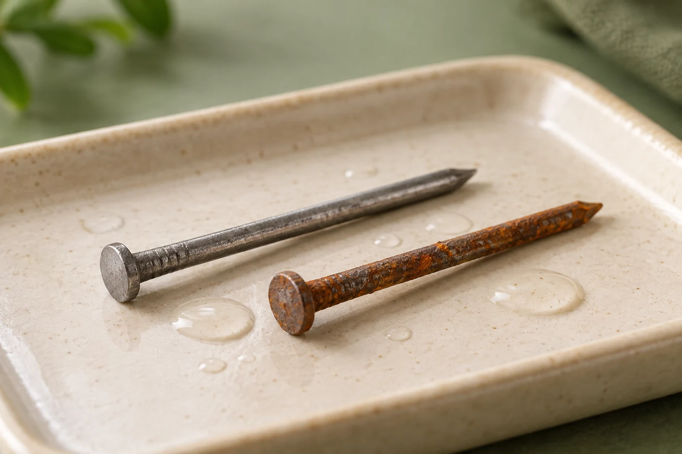 Two steel nails on a pale tray, one gray and one with orange-brown rust patches