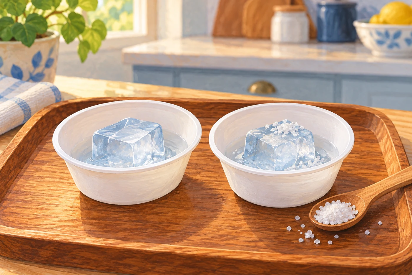 Salt water has a lower freezing point