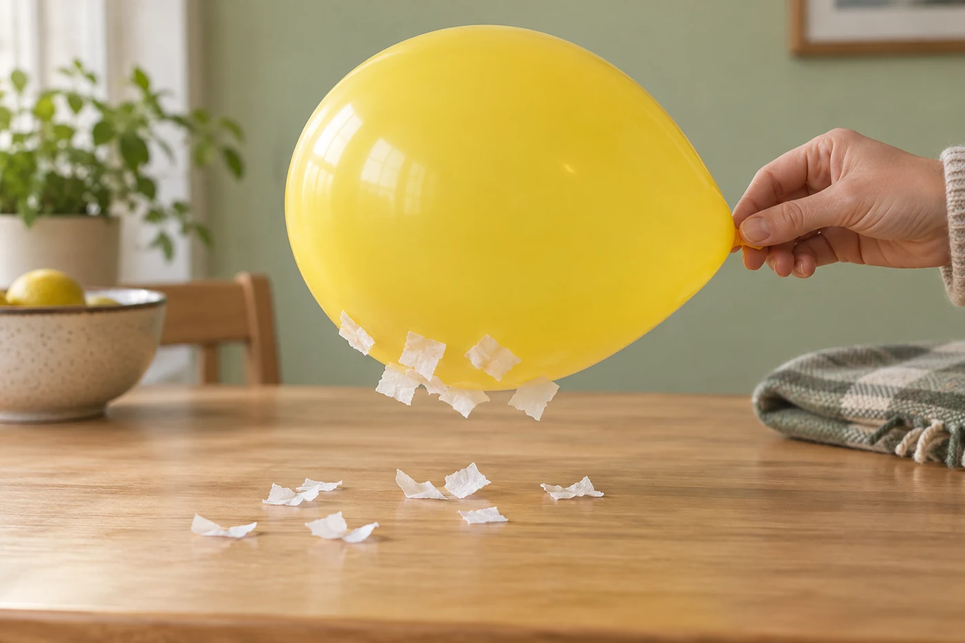 Light paper scraps clinging to a balloon