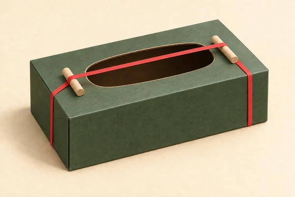 A red rubber band stretched over the opening of a green cardboard box
